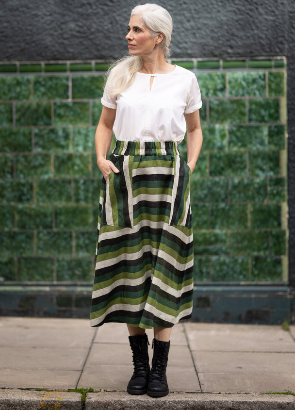 Elastic Waist Maxi Skirt in Striped Linen Twill