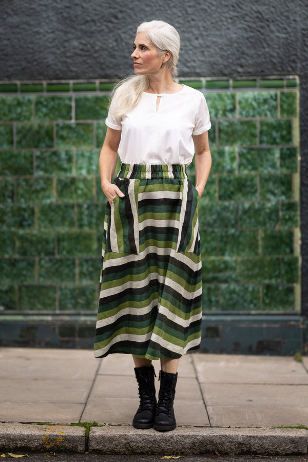 Elastic Waist Maxi Skirt in Striped Linen Twill