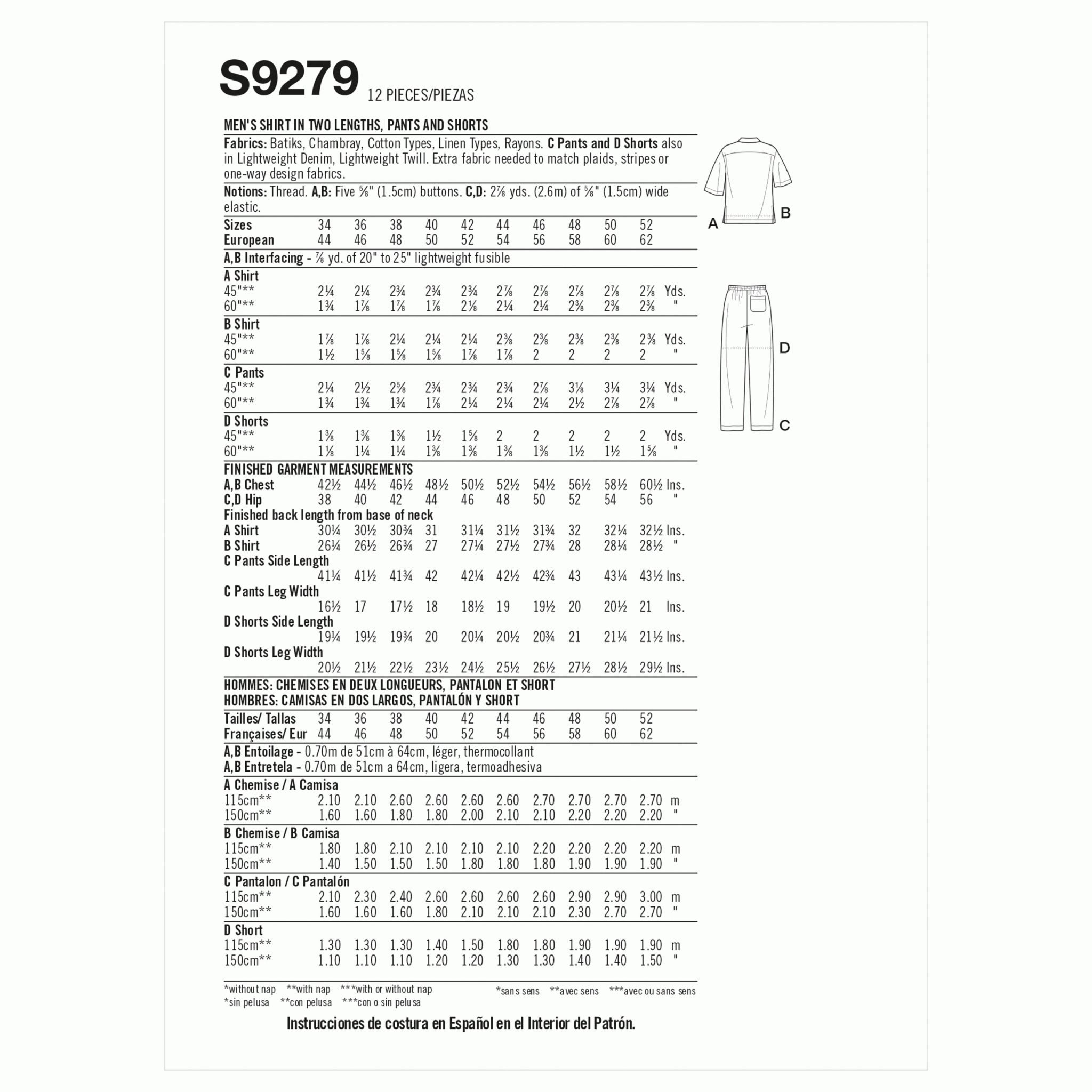 Simplicity Mens' 9279 - Men’s Shirt In Two Lengths, Trousers and Shorts