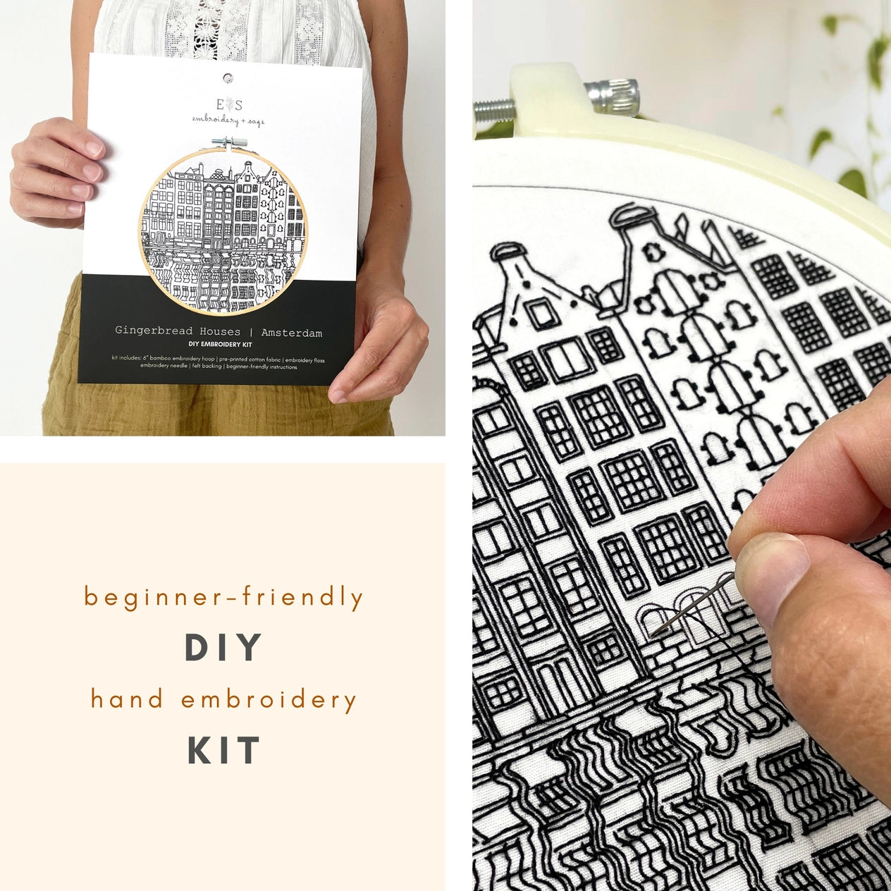 Embroidery and Sage Embroidery Kit - Gingerbread Houses, Amsterdam