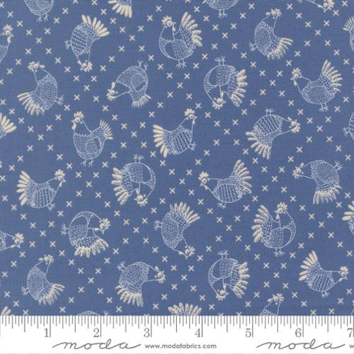 Printed Cotton Poplin - Gingiber - The Henhouse - Cross Stitch Chickens - Cobalt