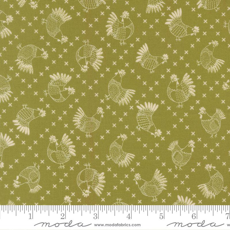 Printed Cotton Poplin - Gingiber - The Henhouse - Cross Stitch Chickens - Grass