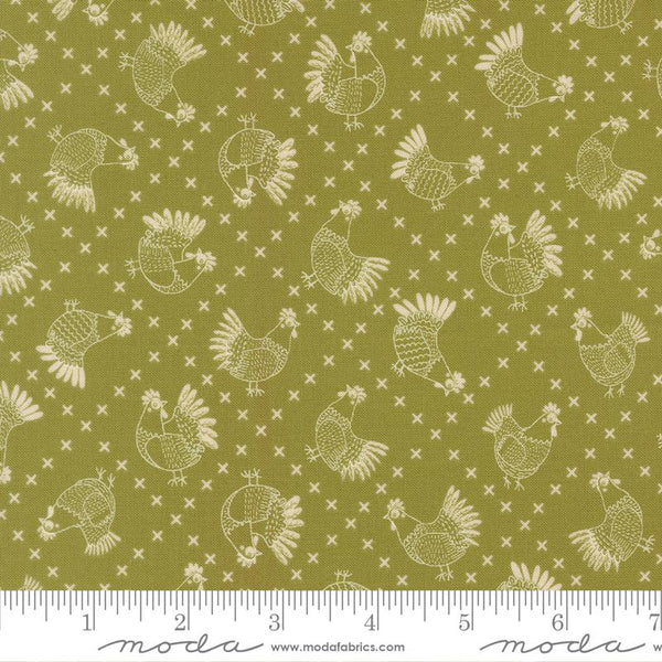 Printed Cotton Poplin - Gingiber - The Henhouse - Cross Stitch Chickens - Grass