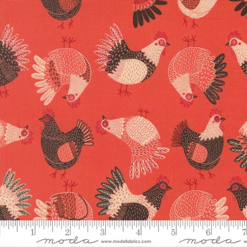 Printed Cotton Poplin - Gingiber - The Henhouse - Tossed Chickens - Tomato